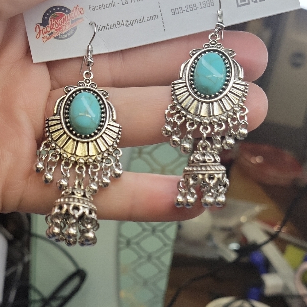 Turquoise Faux Silver Tone Dangle 2.5" Earrings